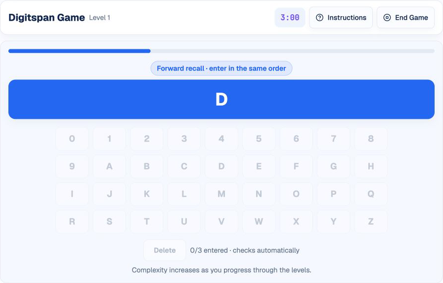 Esercizio HireVue Digitspan in HireVueGames con richiamo in avanti della lettera D