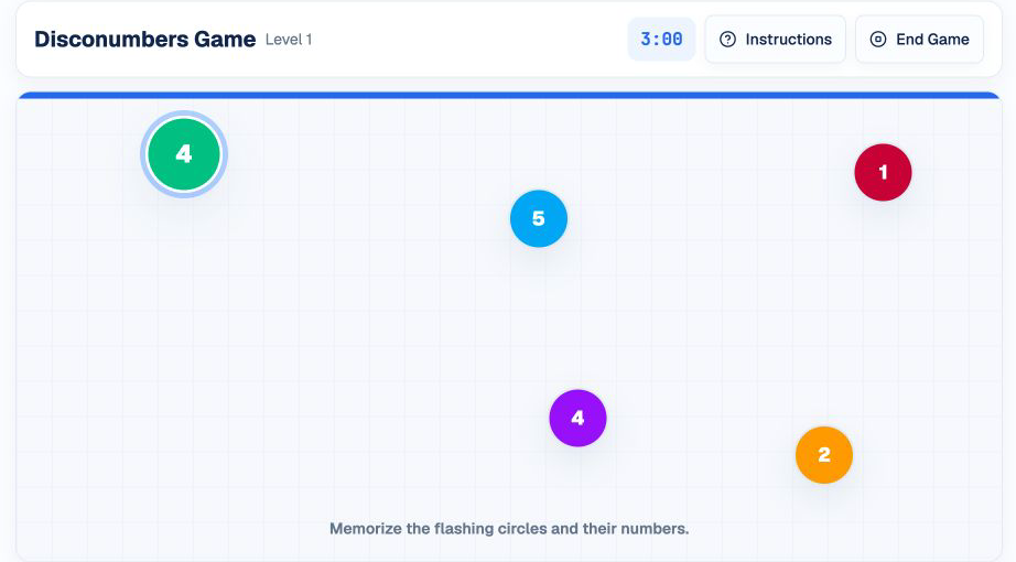 HireVue Disconumbers practice in HireVueGames showing numbered circles in a sequence-memory task
