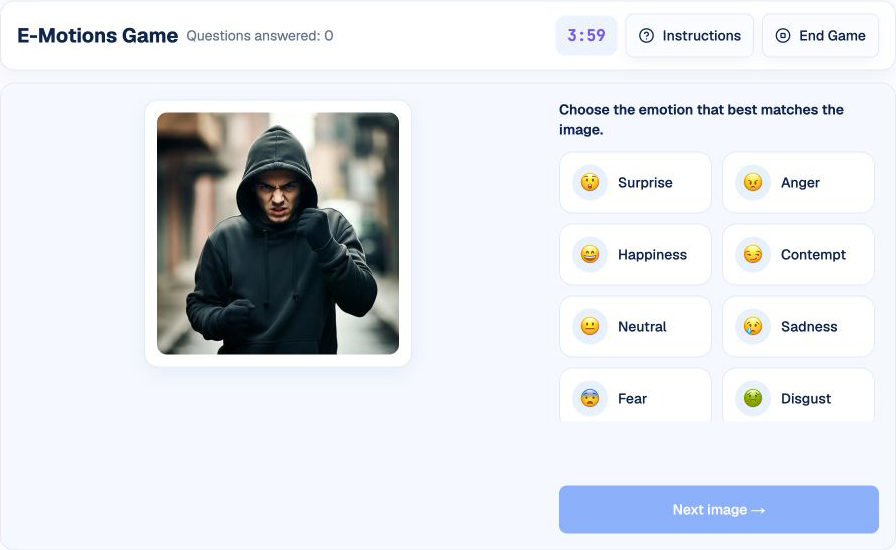 HireVue E-Motions practice in HireVueGames showing an emotion-recognition question and eight answer choices
