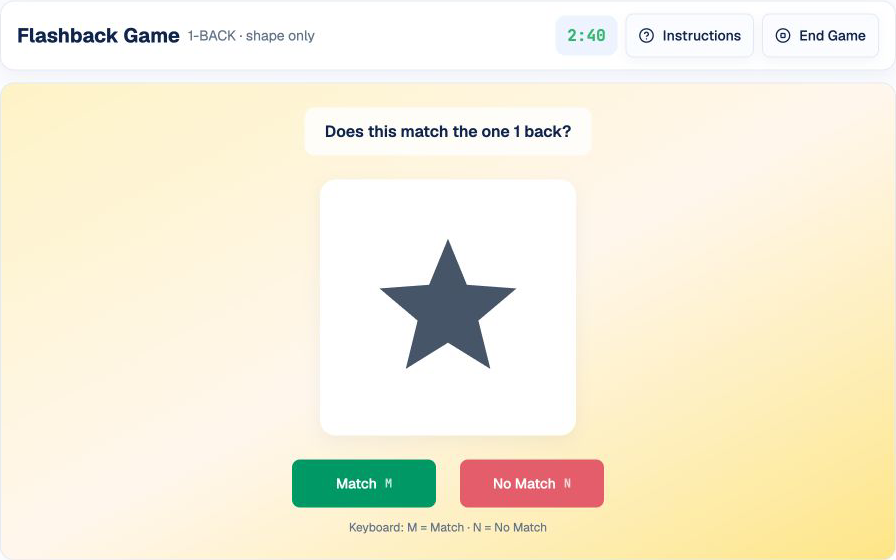 HireVue Flashback practice in HireVueGames showing a one-back shape comparison with Match and No Match controls