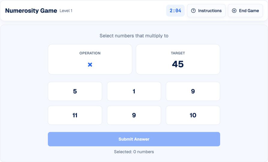 HireVue Numerosity practice in HireVueGames showing a multiplication target of 45
