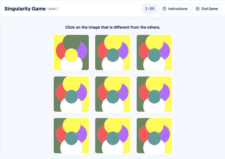 HireVue Singularity practice in HireVueGames showing a visual-search grid for finding the unique image